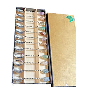 Vintage Set of 12 demitasse Spoons Semi-precious gemstones and twisted handles